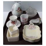 Painted china egg, 4 Nippon dip dishes, bone china