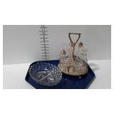 Silver plate condiment castor set, and Fostoria