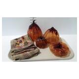 Fall decor, blown glass pumpkins and two tea
