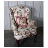 Wingback Chair, rose floral fabric, nice carved