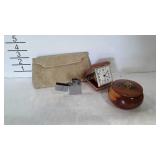 Seth Thomas travel alarm clock, wooden souvenir