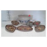 Pottery, pieces to snack tray, bowl with cow