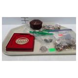 Costume jewelry, hat & lapel pins, trinket box,