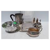 Silver plate - pitcher, shakers, tray, gravy boat,