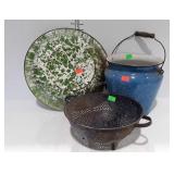 Enamel ware - colander, wash pan, and slop bucket-