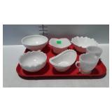 Milk glass bowls, nappy, creamer, and sugar