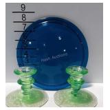 Pair of green depression etched candlesticks, and