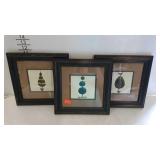 Trio of framed topiary prints, cool corrugated
