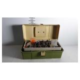 Fishing tackle box with sinkers, hooks, chain, etc