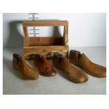 Cedar shoe shine tote box, and 4 wooden shoe