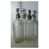 2 Vintage etched glass seltzer bottles, both are