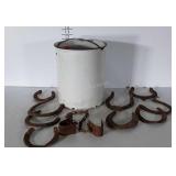 Early Enamel pail Bucket with old Horse shoes,