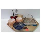 Glass- 6 Fire King peach luster custard cups, blue