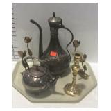 Metal ware - silver plate teapot, brass candle