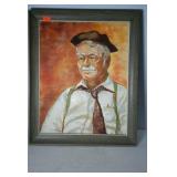 Framed painting on canvas panel. Man looking