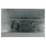 Four silvertone notes $10, $20, $50, $100