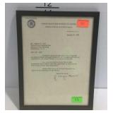 Framed letter from the US dept of Justice Federal