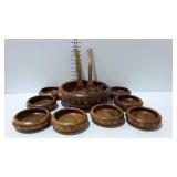 Wooden salad bowl set with inlay design, 8 bowls