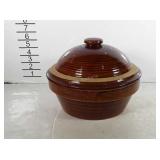 Unmarked pottery round covered casserole,  chips