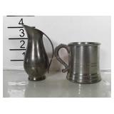 2 pewter pieces, cup marked Woodbury, pitcher