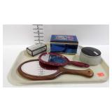 Dresser items - 2 hand mirrors, powder jar, and 2