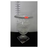 Heavy glass pedestal based urn vase with frosted