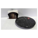 Napkin holder, and marble lazy susan, and