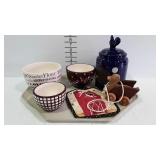 Rooster canister jar, pot holder, wooden duck pull