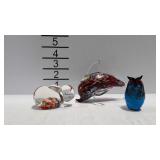 3 Figural art glass paperweights - owl, dolphin, &