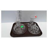 Glass - 2 covered butter dishes, cornucopia vase,