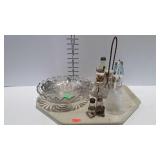 Glass - silver overlay tri-footed 10" bowl, etched