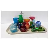 Colored glassware, some pinched, some blown, etc-