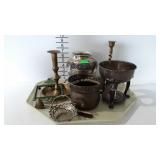 Metal ware - Brass candlestick holders, planter,