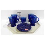 Set of 4 cobalt glass mugs with 3 custard cups, &