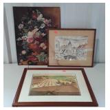 Art group, two framed pictures plus a painting on