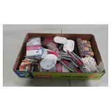 Flat with misc office supply, pens, study tips,