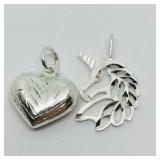 Silver Set Of 2 Pendants - Unicorn and heart
