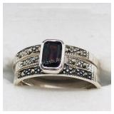 Silver Garnet Marcasite Set Of 3 Rings, size 6.75