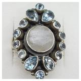 Silver Moonstone Blue Topaz Ring, size 8.5