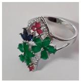 Silver  Multi color Cubic Zirconia Ring, size 8