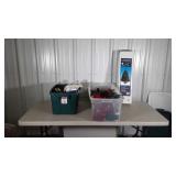 Two totes of Christmas decor and three foot