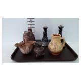Pottery decanter, pitcher, basket, face vase, and