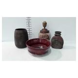 Pottery bowl, accent lamp, and 2 vases