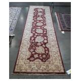 Burgundy red and white hallway runner, is 34x123