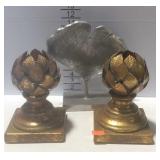 Decor - silvery leaf statue, and pair of golden