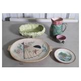 Majolica plates, water pitcher and cup and one