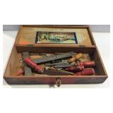 Toy tool chest with tools, with inner label Little
