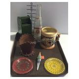 Misc- Mustache mug, Jefferson Club bottle, tin