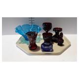 Colored glass - cut-to-clear ruby vase & blue