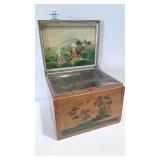 Wooden biscuit box, tin lined with Asian theme